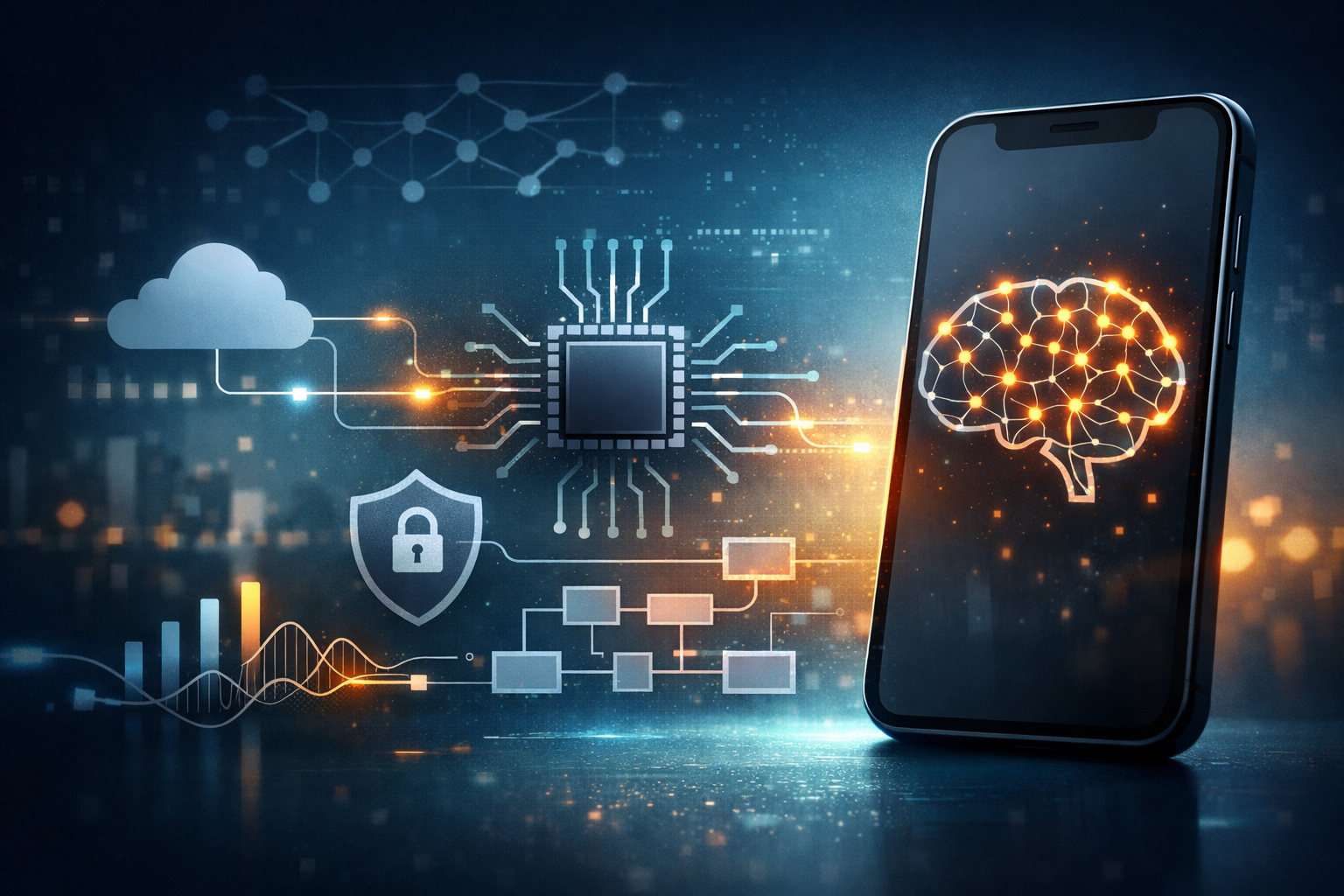 Ilustración conceptual sobre inferencia local y arquitectura en iOS